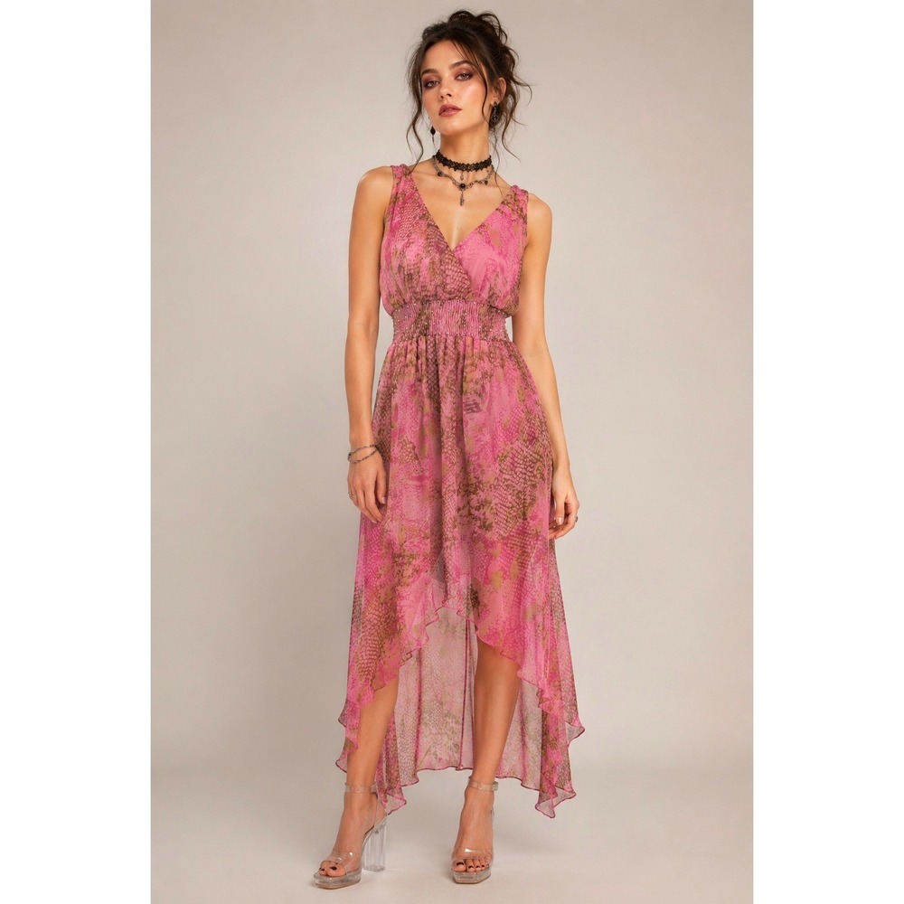 Y2K Pink Sheer Chiffon Hi-Low Dress M Snakeskin Rhinestone Smocked Fairy Boho